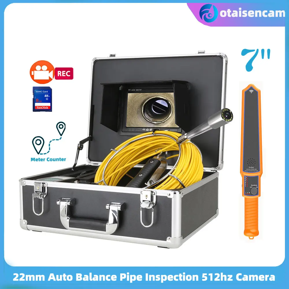 

7" Monitor Sewer Pipe Inspection Video Endoscope IP68 22MM Auto Self Leveling Camera With 512HZ Locator 1000TVL 12PCS LEDs