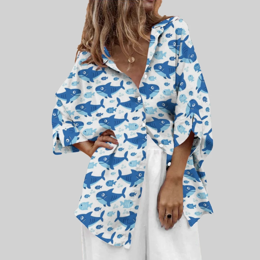 

Shark Attack! Vibrant Blue Shark Print Shirt Oceanic Adventure Wear Causal Shark-Infused Pattern Blouse Dive Into Style Lover