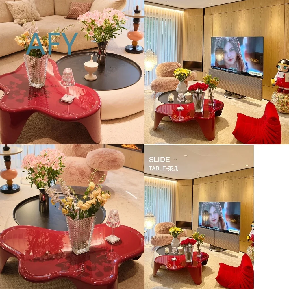 New Coffee Table for Living Room Home Decor Post Modern Wabi Sabi Style Pebble Red Irregular Oval Cloud Shape Baked Paint
