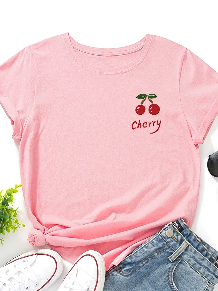 Camiseta feminina com estampa de cereja vermelha e peito manga curta gola redonda camiseta feminina