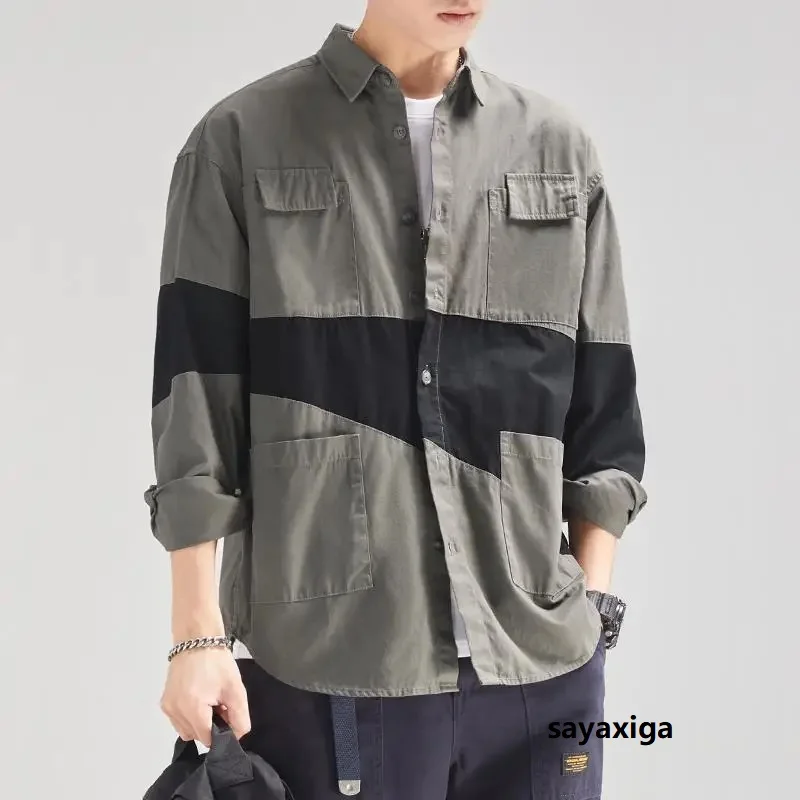 Stile retrò primavera autunno uomo casual manica lunga patchwork camicia di cotone giacca stile americano camicia da lavoro street wear cargo tops