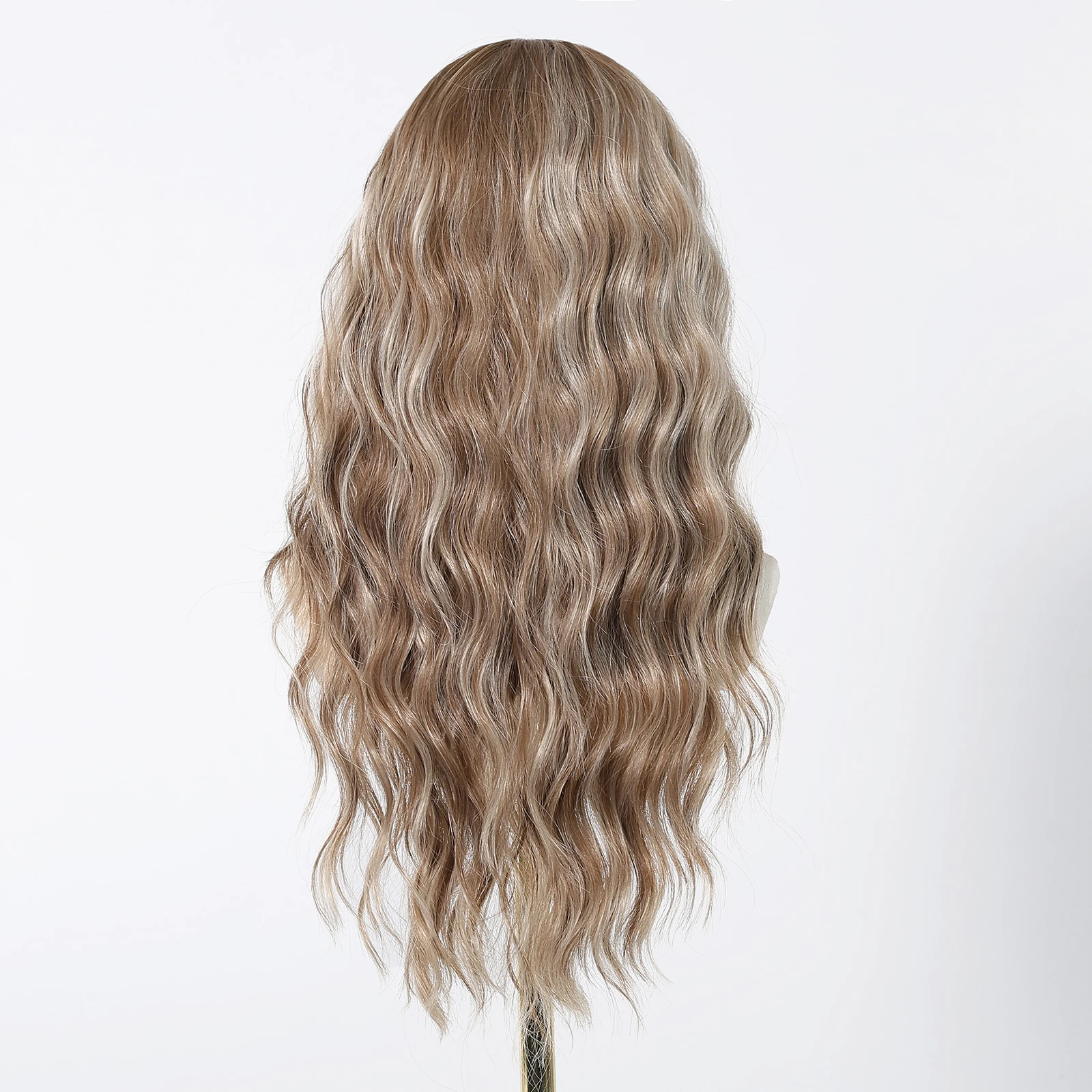 HENRY MARGU Brown Curly Synthetic Wig with Bangs Blonde Highlight Long Wavy Wigs Daily Party Heat Resistant Fake Hair for Women