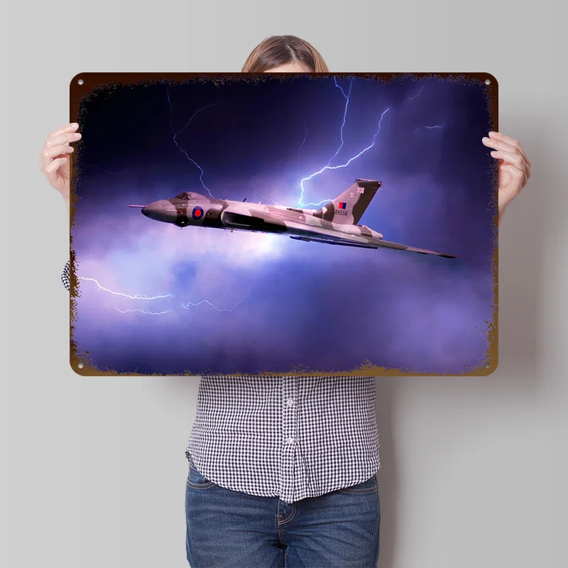 Avro Vulcan Bomber XH558 Set Against Poster Customized Vintage Metal Signs Wall Art Retro Tin Plaque for Decoration Garage House