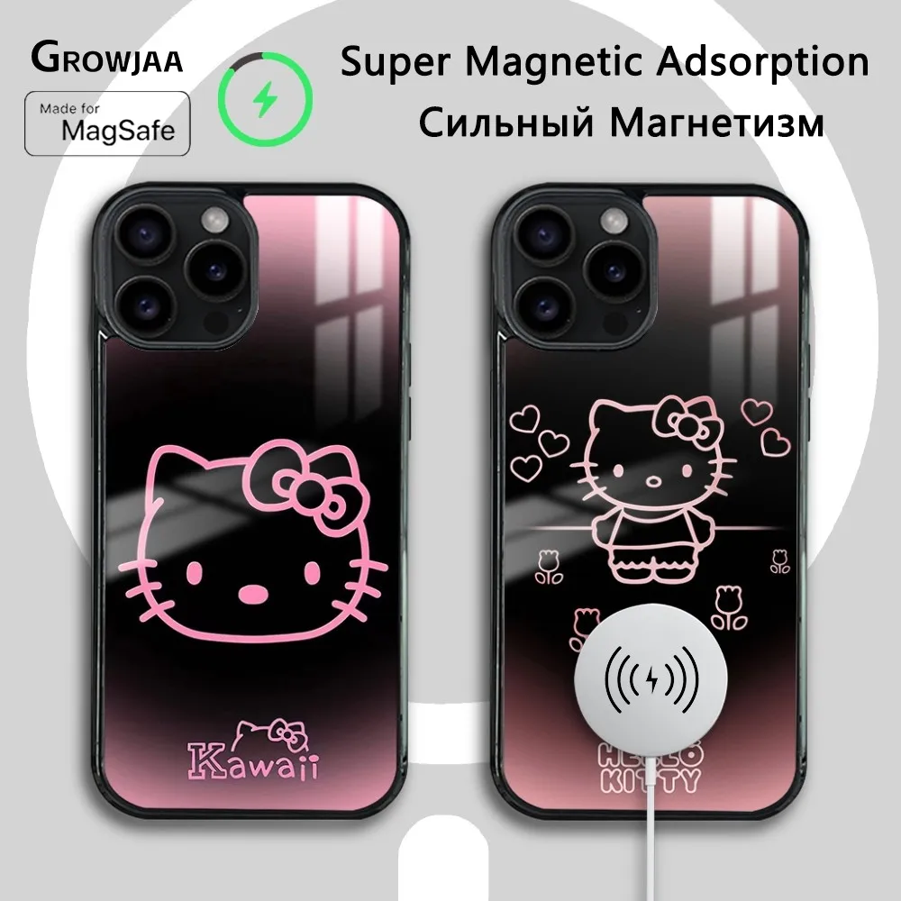 

Cute Pink Black HelloKitty Phone Case For iPhone 16 15 14 13 12 11 Pro Max Plus Mini Magsafe Mirror Wireless Magnetic Cover