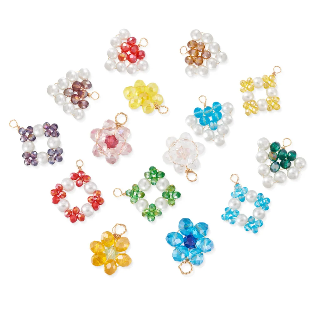30Pcs Glass Beaded Pendants Flower Wire Wrapped Glass Pearls Charms with Loop for Spring Necklace Earrings Connectors Dangles
