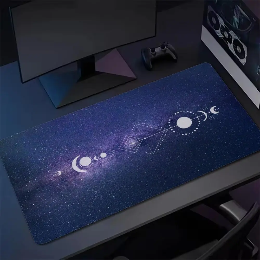 Extended XXL Desk Pad Dark Night Sky Galaxy Planet Line Drawing Mystic Astrological Star Moon Gaming Pad Non Slip Rubber Base