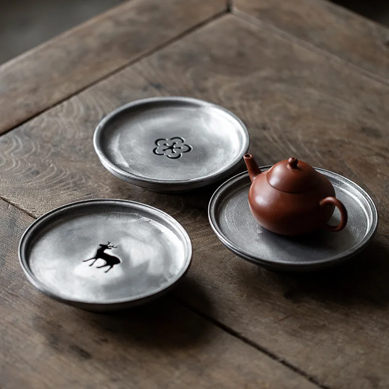 Chinese-style Round Ancient Tin Tea Tray for Dry Brewing with Water Reservoir