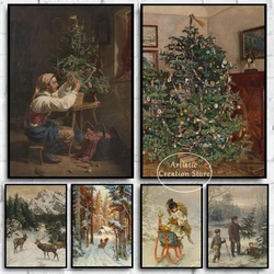 Christmas Tree Painting Canvas Antique Christmas Eve Celebrations Vintage Print Wall Pictures Winter Holiday Decor Poster Gifts