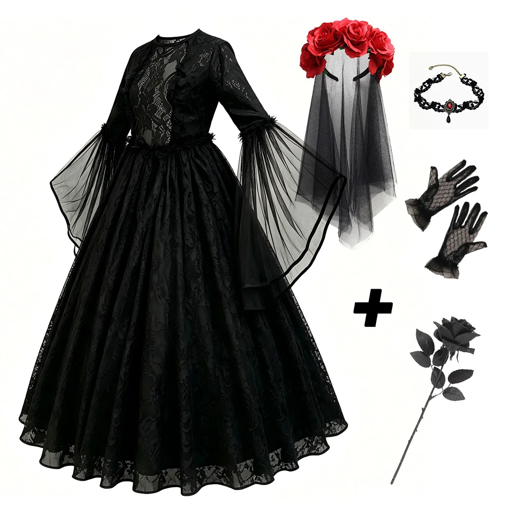 Halloween Gothic Vampirkostüm für Mädchen Rotes Schwarzes Langarmkleid Blumenschleier Komplettes Zubehör Kinder Rollenspielkleidung