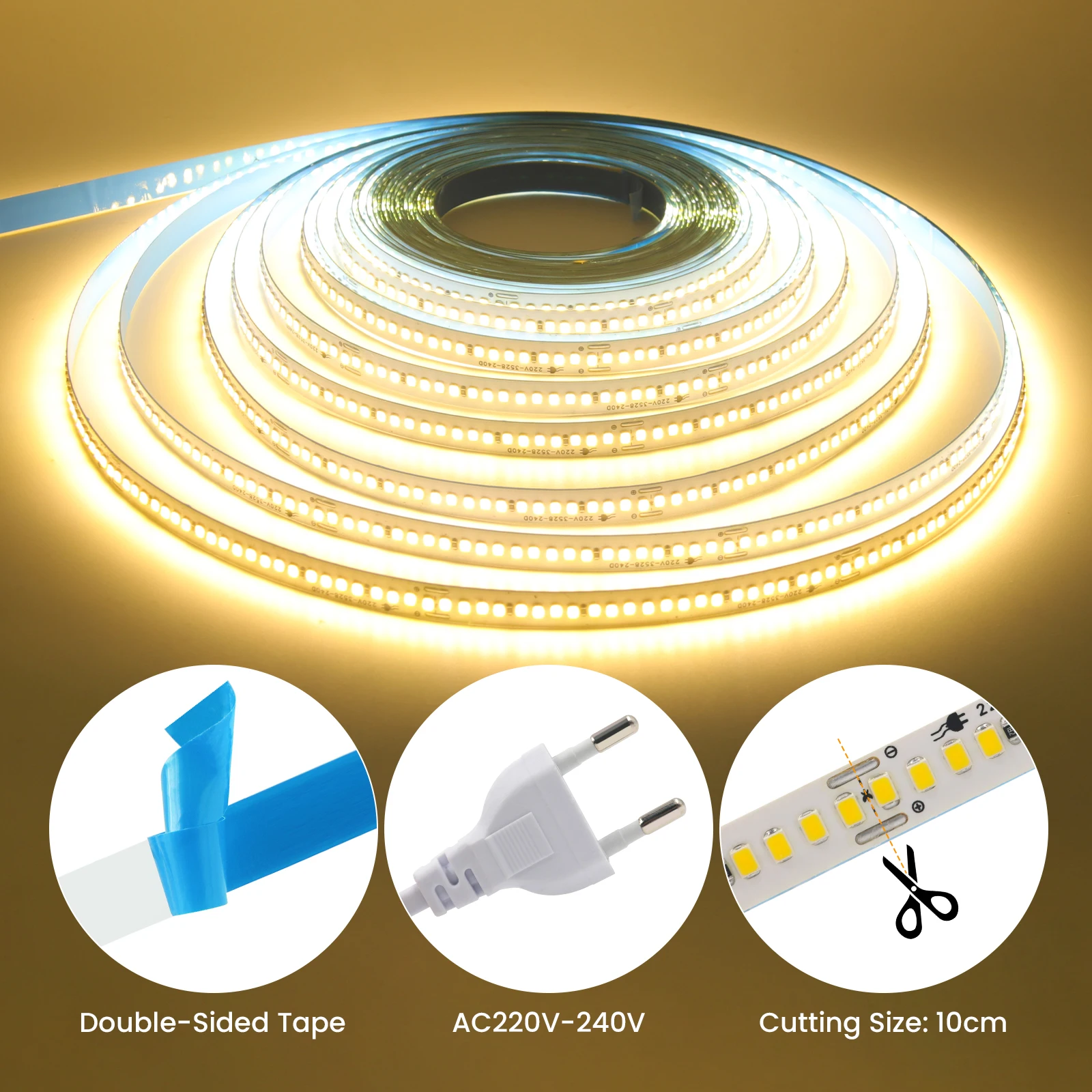 AC 220V 110V 240LEDs/M SMD2835 LED Strip Light Built-in Rectifier IC IP44 10CM Cuttable Indoor Decor LED Tape With EU/US Plug