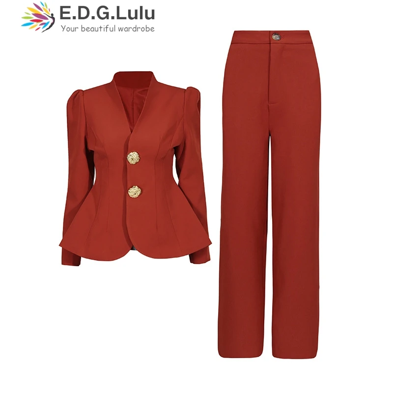 EDGLuLu Korean Fashion Women's Two Pieces Set V-Neck Long Sleeved Suit Jacket+Straight Leg Pants Red Suit 1205