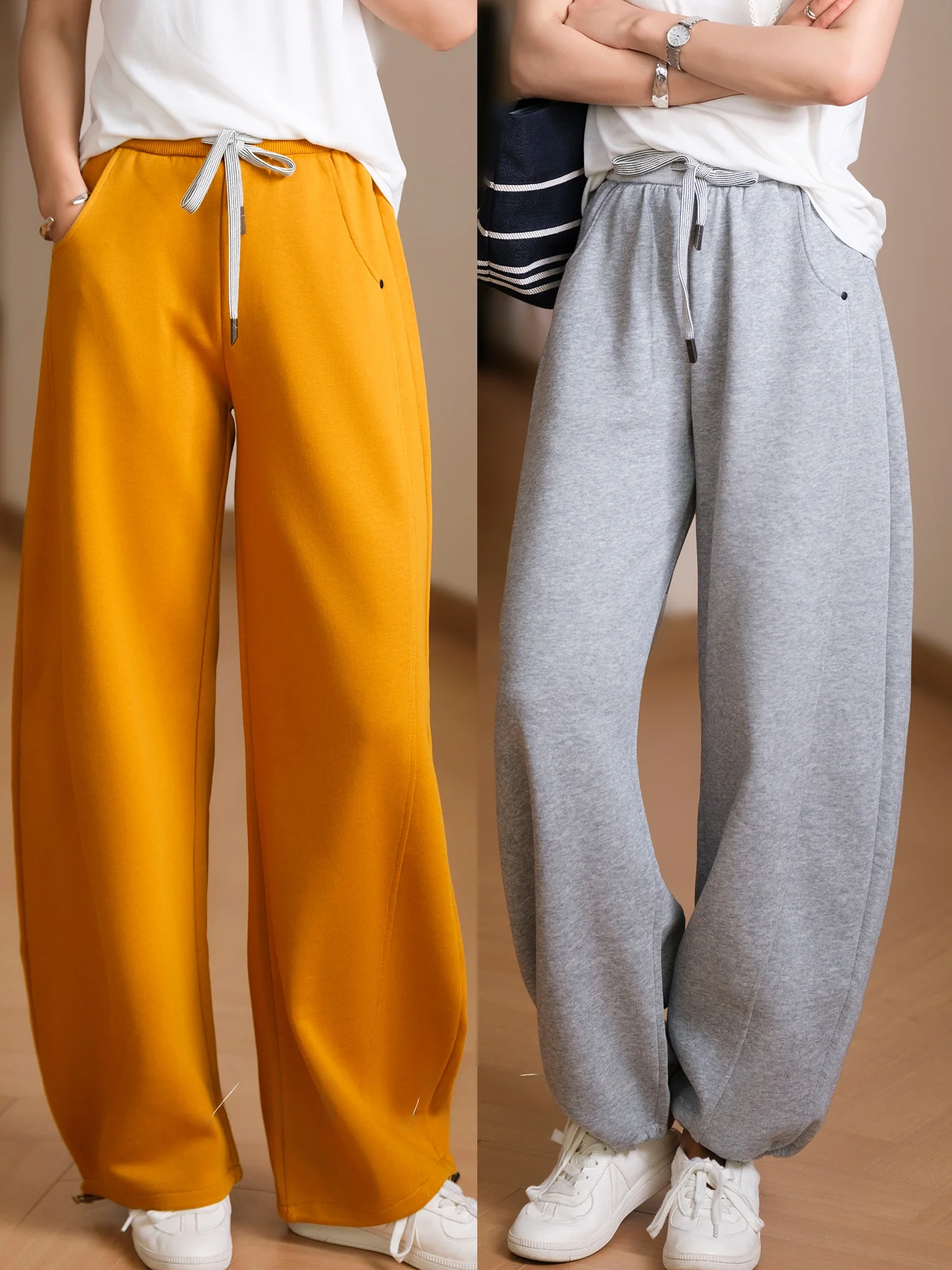 

New Fabric Women's Sweatpants Elastic Waist Cotton Milk Silk Inner Two-Way Wear Casual Loose Fit Pure Color Spring Season