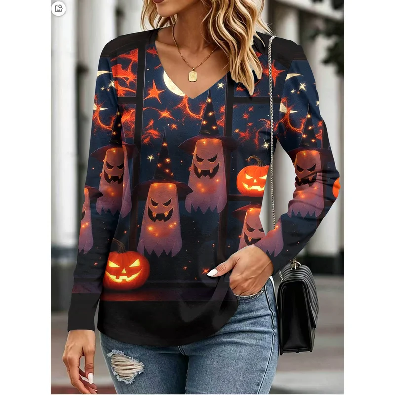 A must-have for everyday outfits: women's pumpkin and smiley face printVCollar Long SleeveTComfortable undershirt