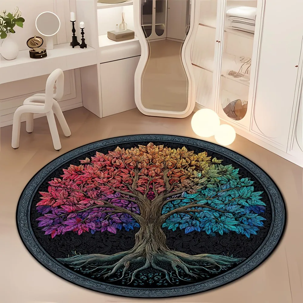 Rainbow Round Floor Mat Tree of Life Celtic Floral Printed Circular Rug Non-Slip Washable Carpets For Sofa Bedroom Decor