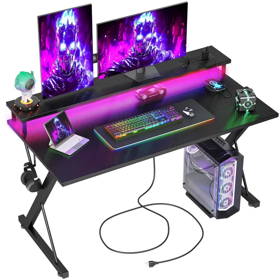

Gaming Desk with Power Outlets amp LED 40 Inch Ergonomic Computer Carbon Fiber Surface Gamer Desk, Large Monitor Stand, Headpho