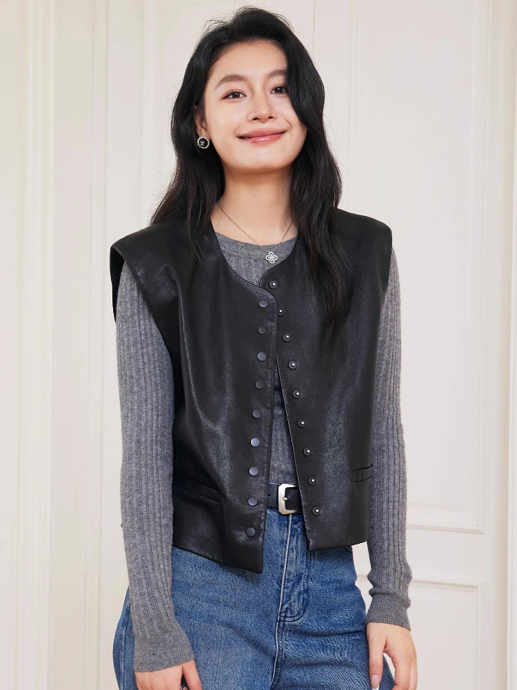 

Casual Short Genuine Leather Sleeveless Vest Jackets for Women Spring Autumn Thin Simple O-neck Soft Black Real Sheepskin Coat