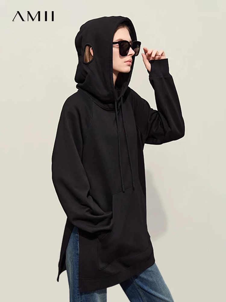 AMII Minimalism Women\'s Sweatshirts Spring 2024 New Casual Drawstring Hooded Hoodies Finger Hole Open Fork Cotton Tops 12441215