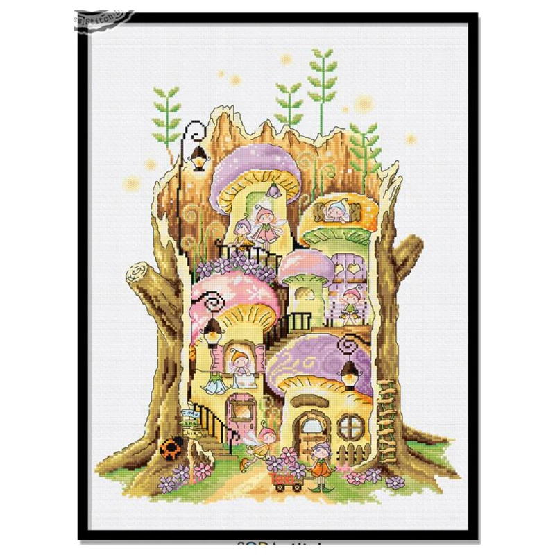 Cross Stitch Cotton Kit 18CT 14CT 11CT Precision Calico Handmade Embroidery Material Package Fairy Village Cartoon