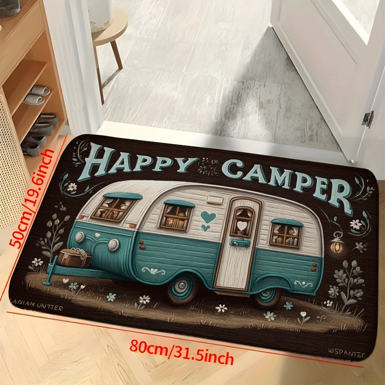 Happy Camper Rug Velvet Flannel Printed Floor Mat Vintage RV Design Decorative Carpet Outdoor Indoor Home Decor