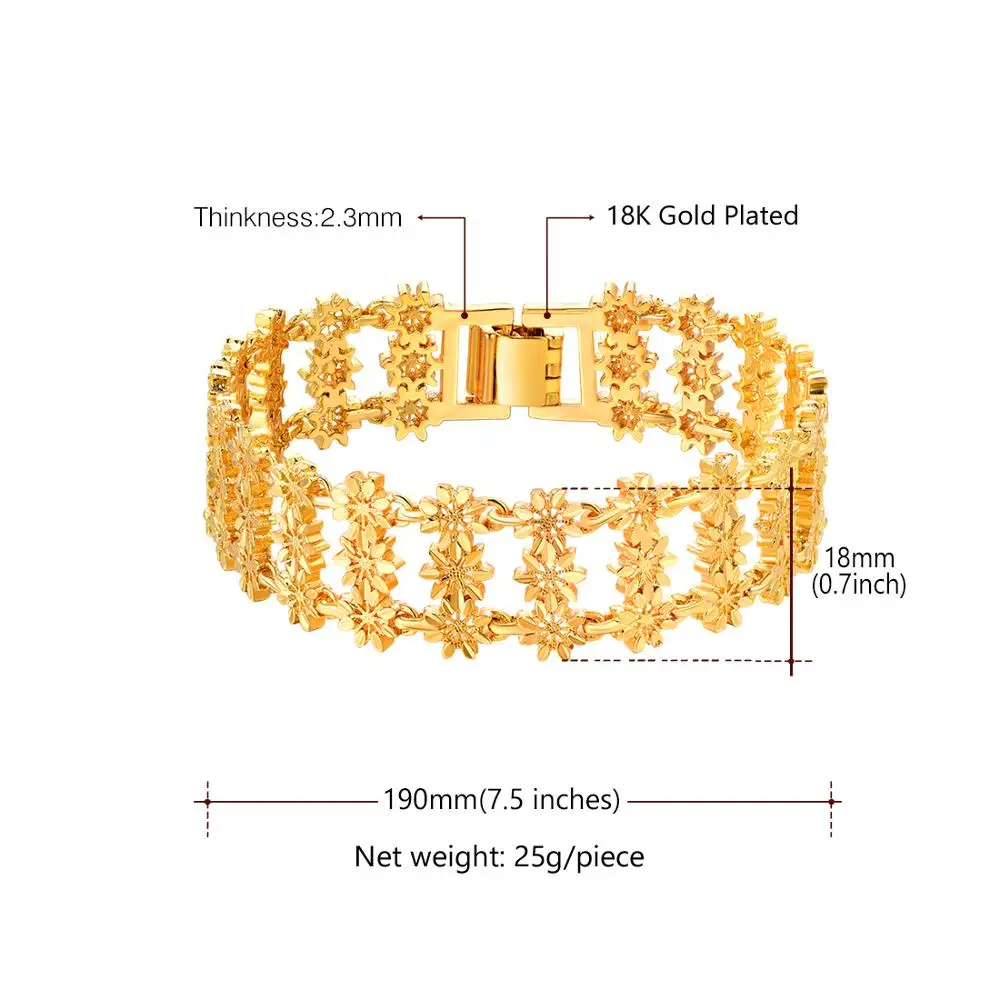 U7 Hollow Flower Pattern Wide Band Bangle Bracelet For Women Exquisite Copper Gold Color 19CM QC24