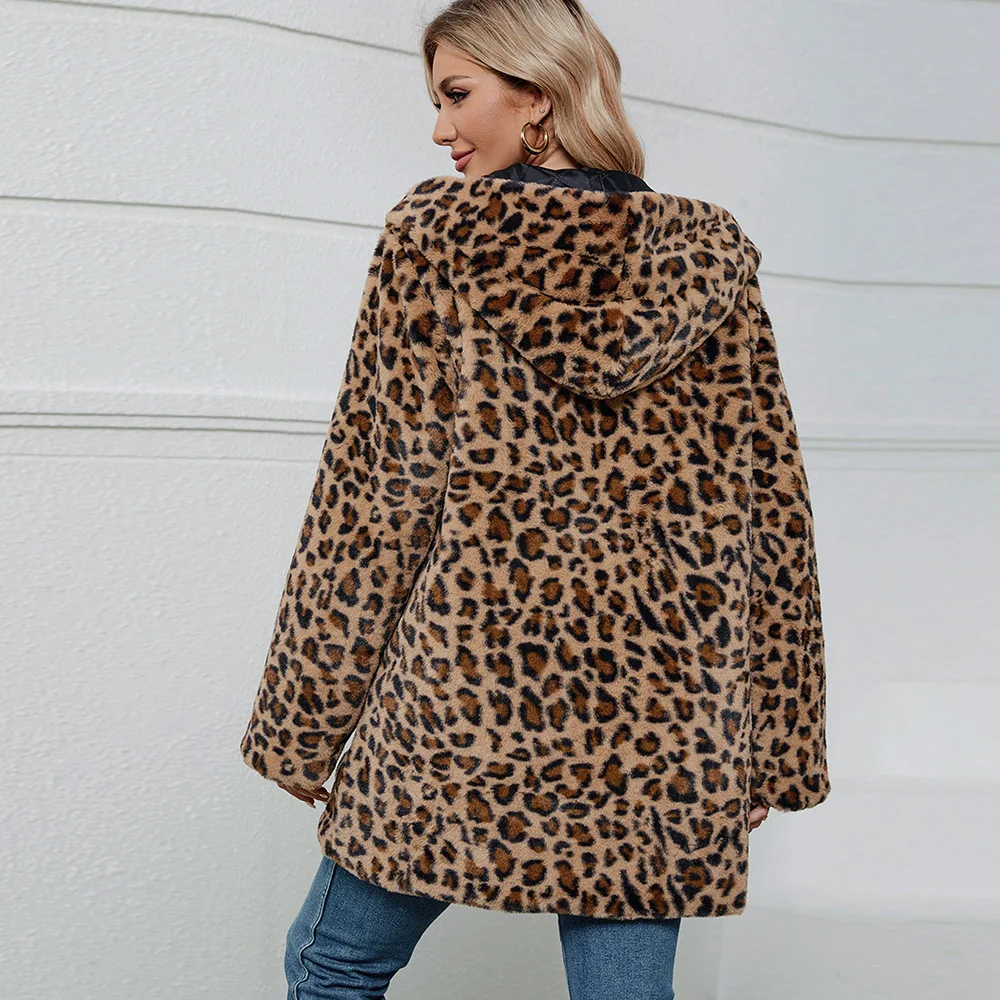 Leopard Print Faux Fur Coat  Fur Coat Women Hooded Autumn and Winter Loose Womens Faux Fur Cardigan