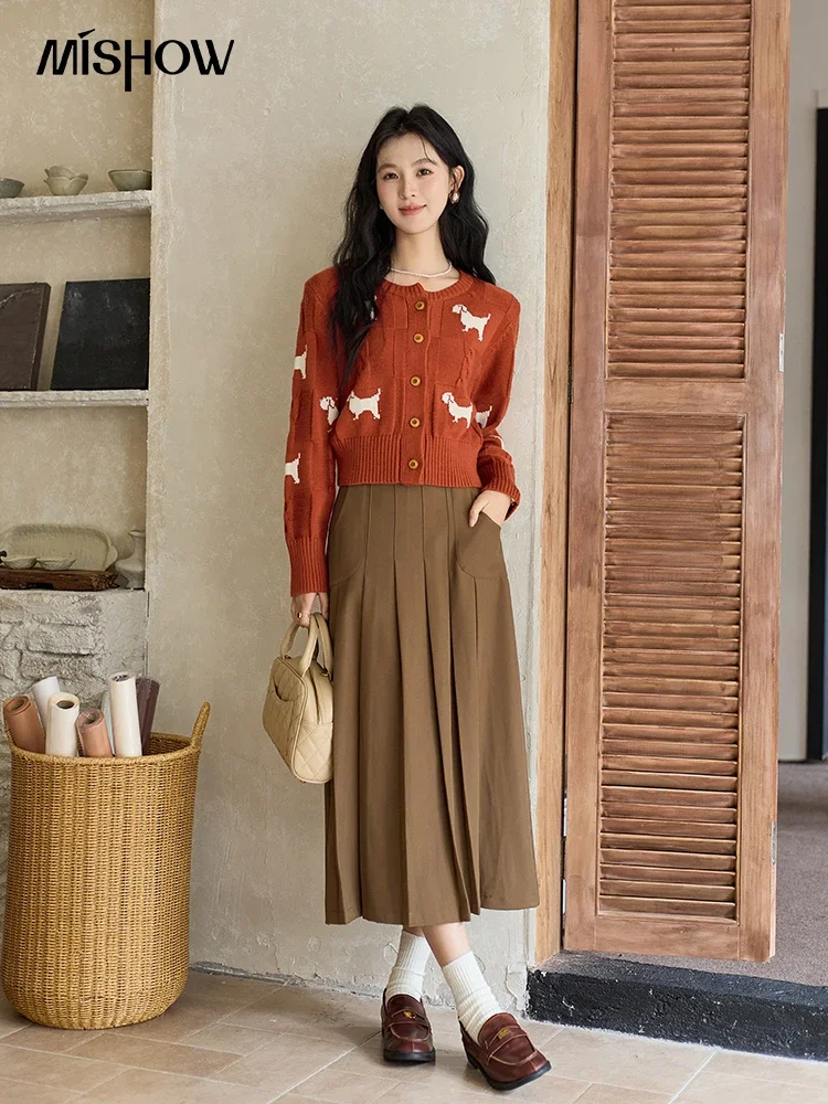 MISHOW Women Casual Knitted O-Neck Vintage Sweater Dog Pattern Short Cardigan 2024 Autumn Korean Single Breasted Tops MXD43Z0784