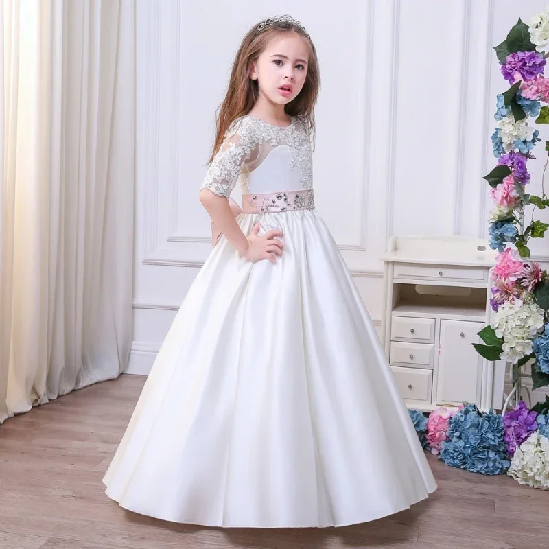 Vestidos de primera comunión, vestidos de flores para niña, apliques de satén blanco con lazo, cinturón de joyas, media manga para boda, fiesta de cumpleaños