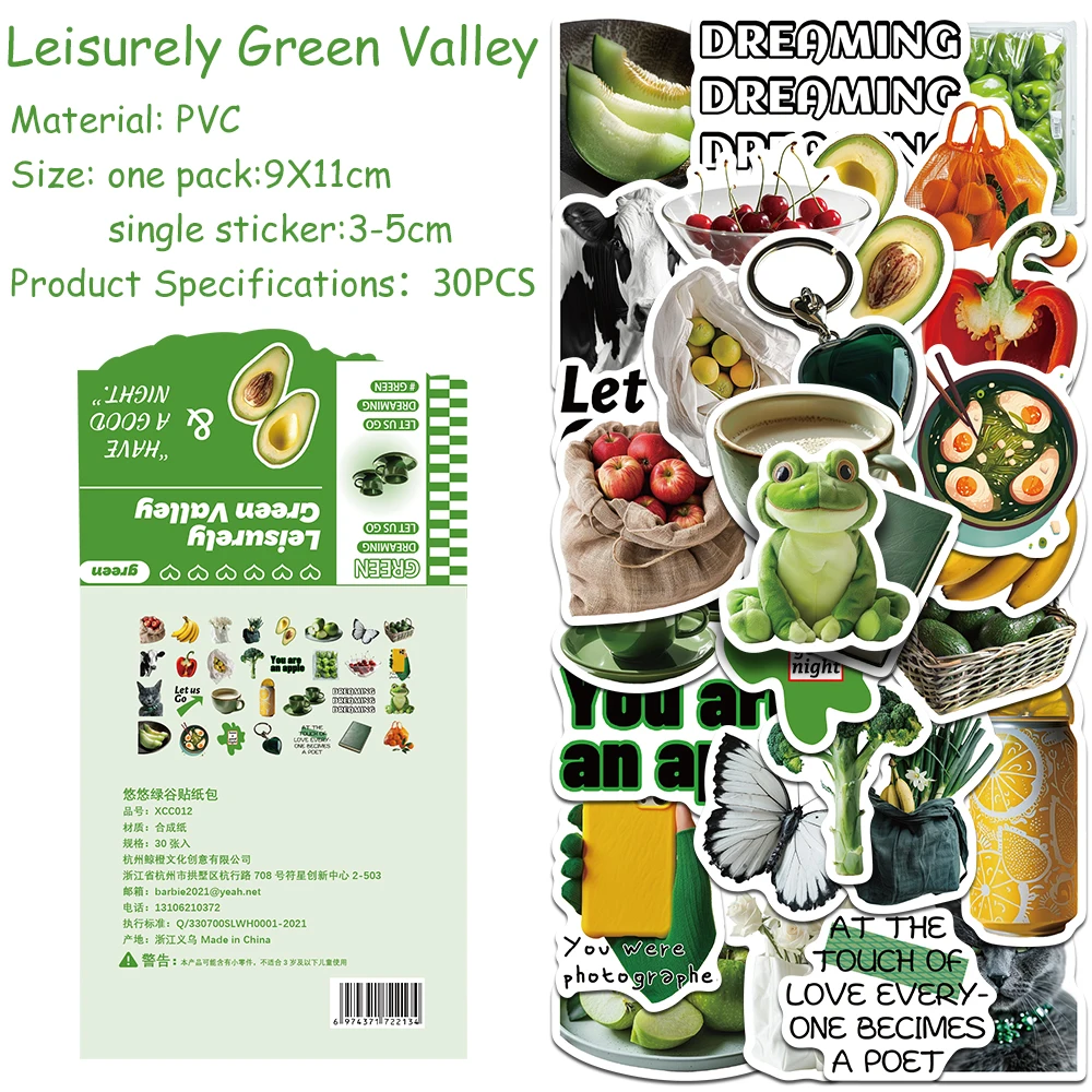 30pcs/pack Leisurely Green Valley Sticker Pack Decals For Laptop Suitcase Scrapbook Helmet DIY Aesthetic Stickers Kids Gifts