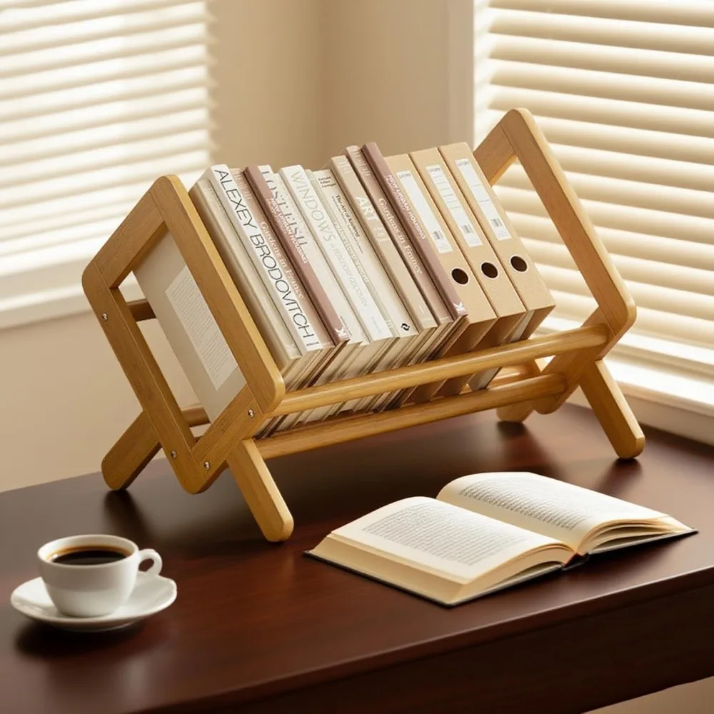 

Wood Tilting Bookcase for Desktop, Bamboo Desk Bookshelf, Small Tabletop Book Rack Shelf Organizer Display Stand for Books, Maga