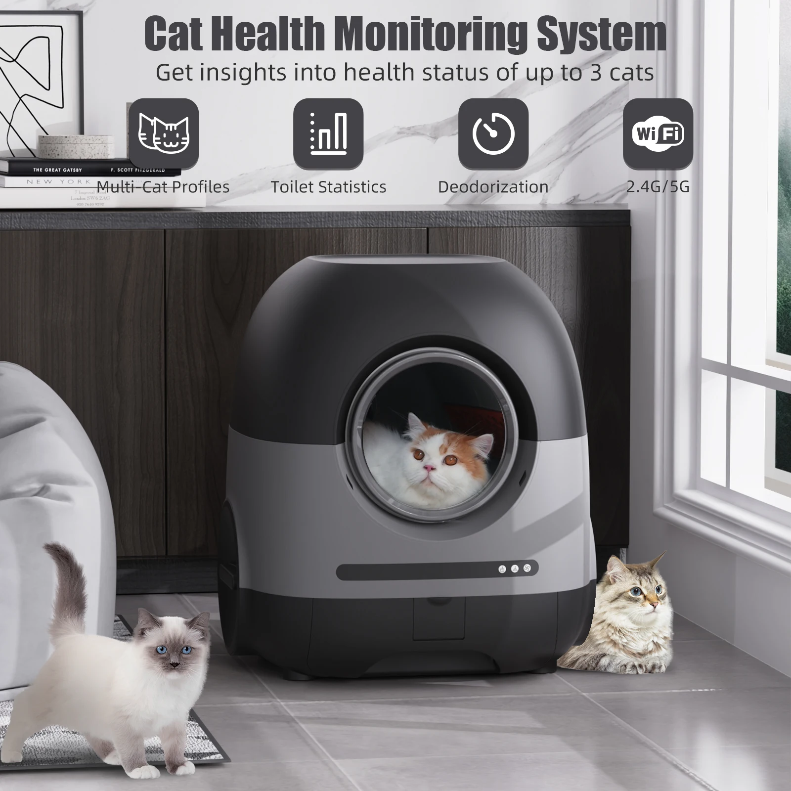 Slimme Automatische Zelfreinigende Kattenbak Met App-Bediening, 80l Ruimte Voor Meerdere Katten Met Luchtkanaal & Mat & Liner Gezondheid