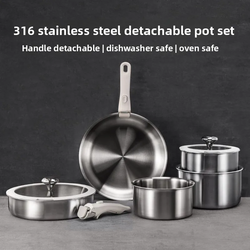 Food-grade stainless steel pot with removable handles, pan utensils, non-stick pan for frying and stir-frying, kitchen and
