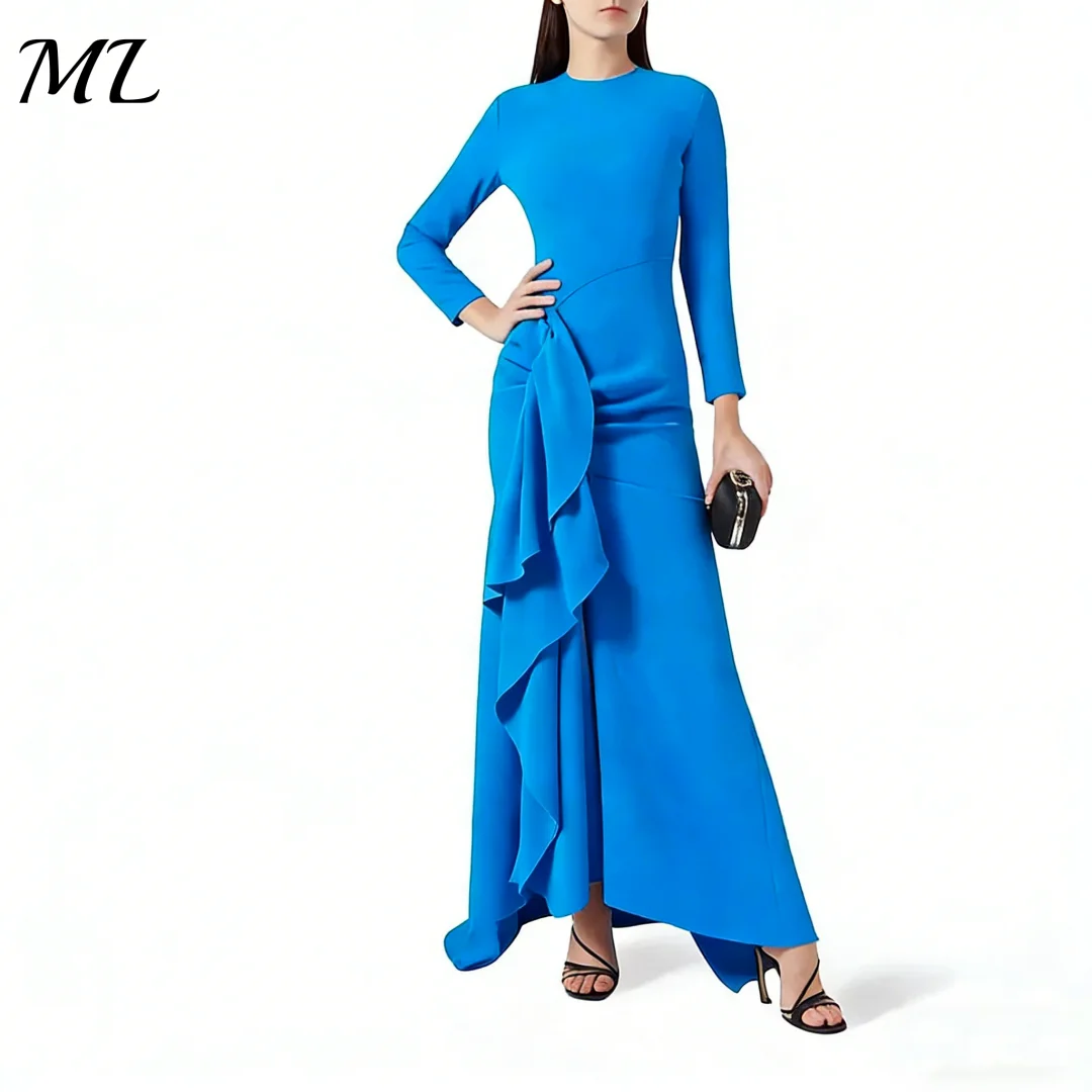 

BOMP Customized Formal Evening Dress Maxi Mermaid O-Neck Blue Party Dresses for Women 2025 Long Sleeves Pleat Ankle Length Prom