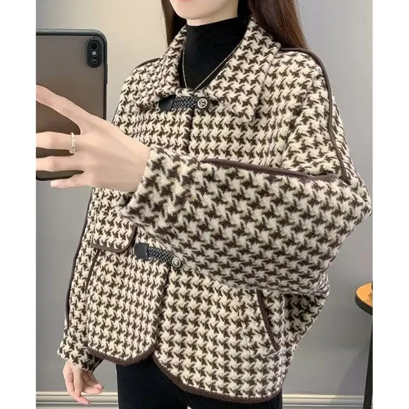 Autumn Winter Thousand Bird Grid Female Coat Flip Collar Woolen Lady Jacket Long Sleeves Wool Blend Women Outwear ﻿