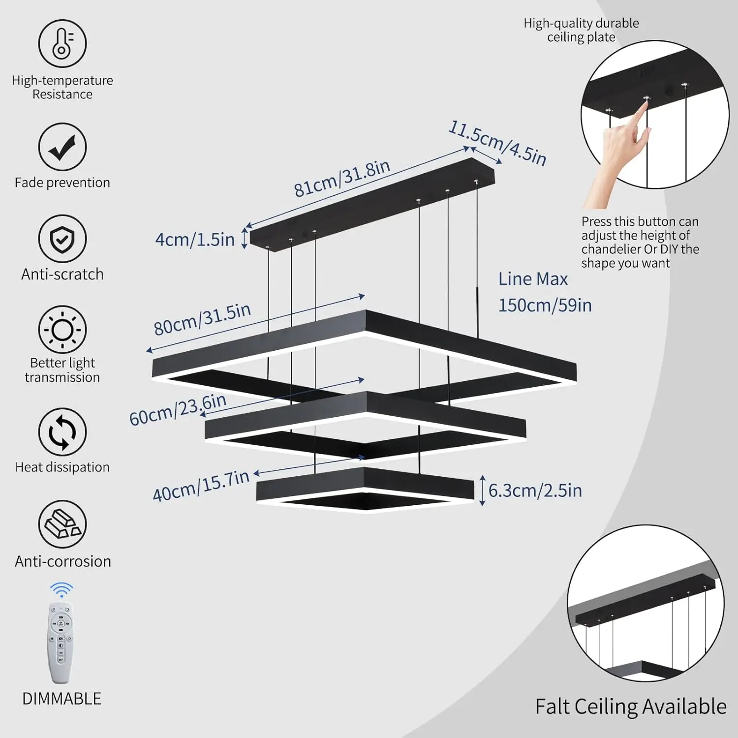 LED Chandelier, 3 Ring Dimmable Square Chandelier for Living Dining Room,Bedroom,Foyer Chandelier Lighting Fixture, High Ceiling