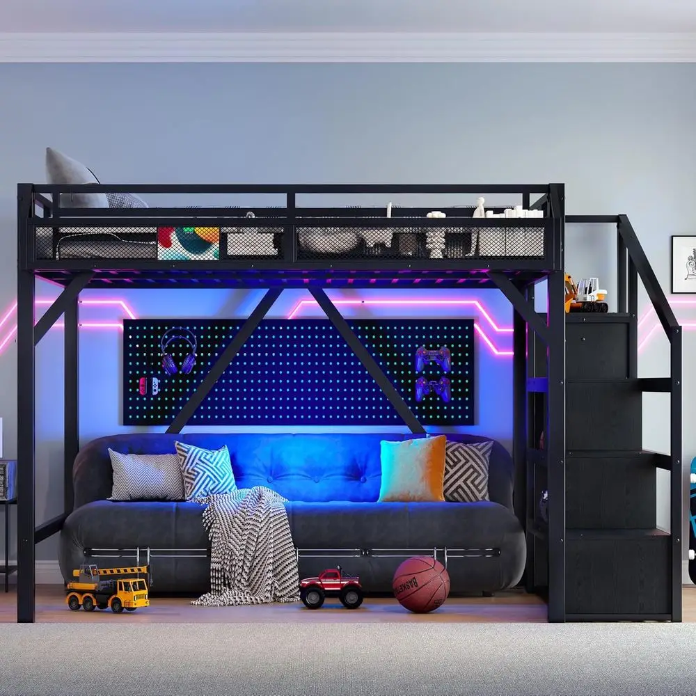 Cama de Metal Queen Size com LED, Portas USB, Escadas de Armazenamento, Guarda-Roupa Aberto, Adequada para Crianças e Adultos, Sem Box Spring, Preta