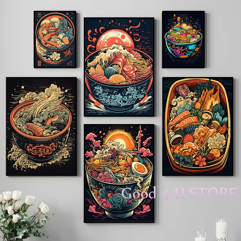 Japanese Retro Ukiyo-e Art Style the Great Wave Ramen Bowl Bento Box Food Poster Canvas Painting Wall Art Pictures Home Decor