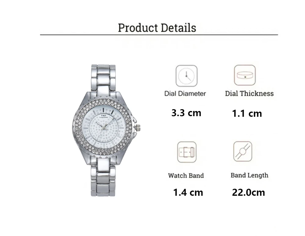 นาฬิกาควอตซ์สำหรับผู้หญิงสายนาฬิกาโลหะนาฬิกาผู้หญิงแบรนด์หรูพร้อมดาวเต็มพลอยเทียมสายนาฬิกาโลหะ