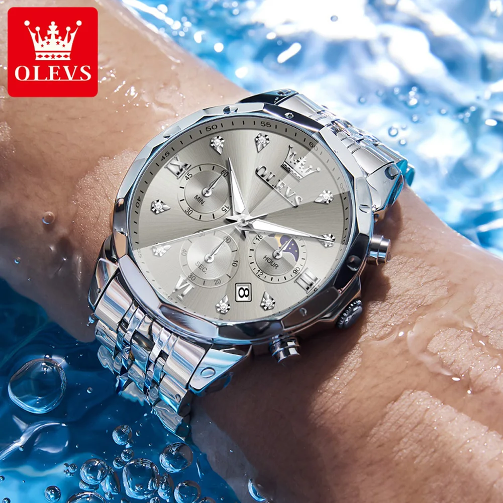 

OLEVS Men's watch luxury Classic Watch Quartz WristWatches for men Stainless Steel watch Waterproof Moon Date Gray Dial