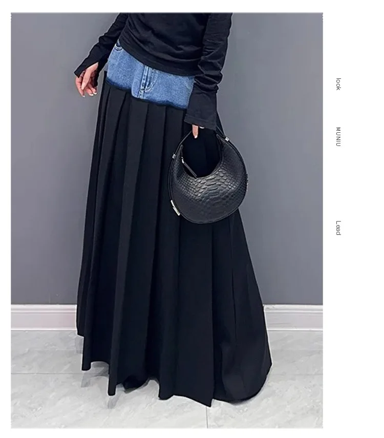 Y2k Pleated Skirt Women Long Skirts Denim Patchwork High Waist Washed Distressed Vintage Floor Length 2025 Streetwear A Line