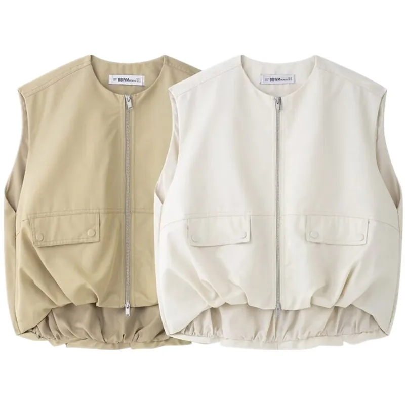 Wiosna 2025 Damska Moda Uniwersalna Bawełniana Dzianinowa Luźna Okrągła Bluzka Bez Rękawów 058062 Uniwersalna Zapinana na Zamek Casualowa Odzież