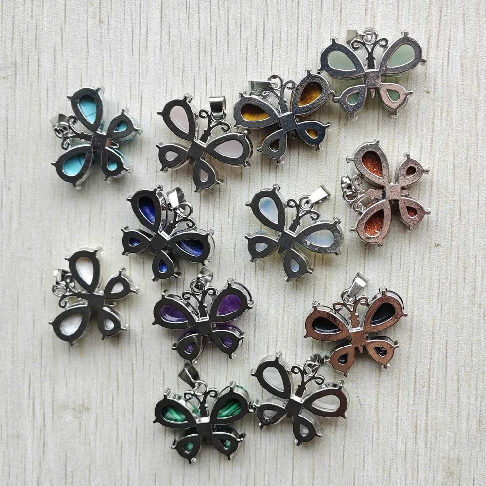 Natural Rose quartz crystal lapis amethyst stone butterfly charms pendants diy Necklace jewelry making gift 12pcs/lot wholesale
