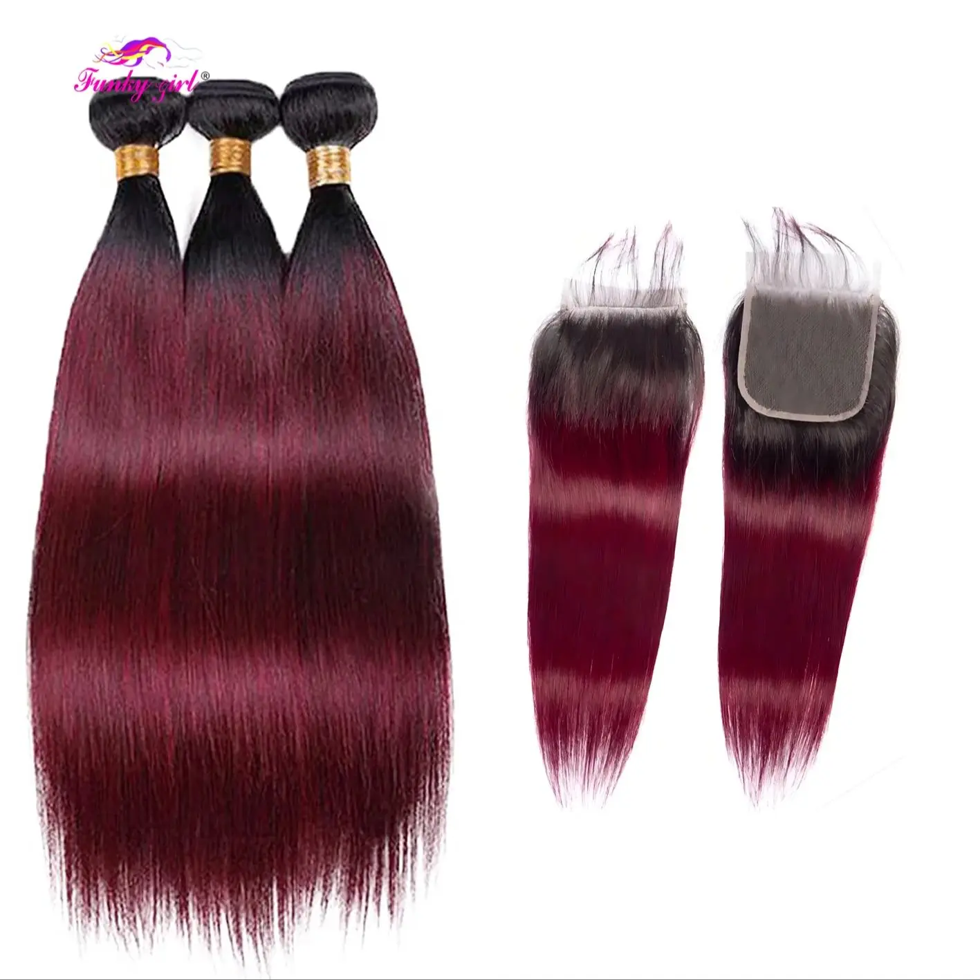 1B/99j Straight Bundles Human Hair Ombre Burgundy Human Hair 3 Bundles Soft And Healthy Double Weft Brazilian Virgin Remy Hair