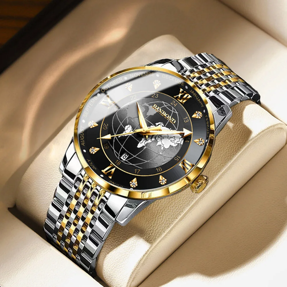

2023 New Creative Luxury Black Men Wristwatches Gold Stainless Steel Fashion Waterproof Luminous Date Business Watch Male Clock