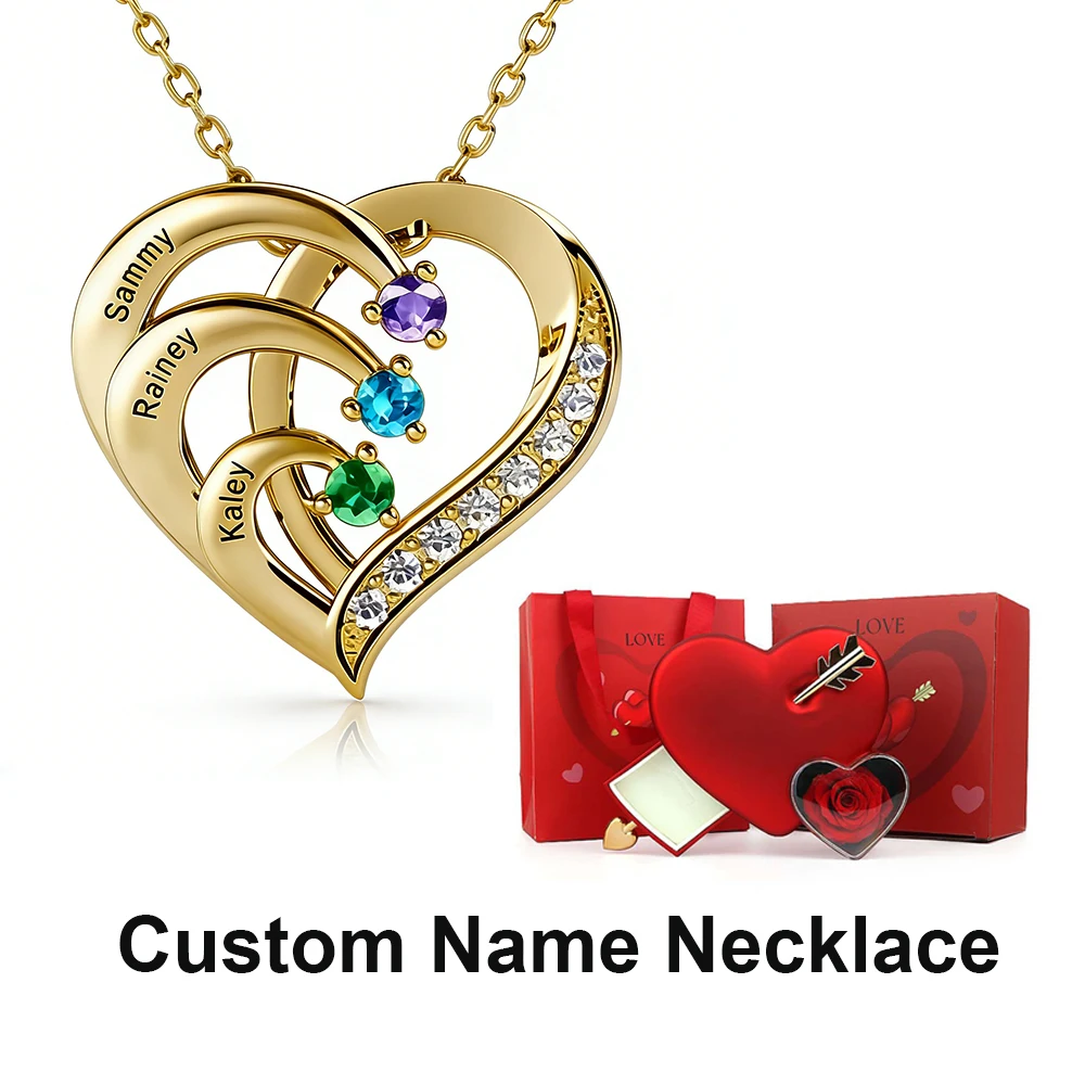 

Персонализированное гравируемое колье в форме сердца с камнями по месяцам рождения и шкатулкой для украшений — подарок на День святого Валентина, День матери, День рождения для неё