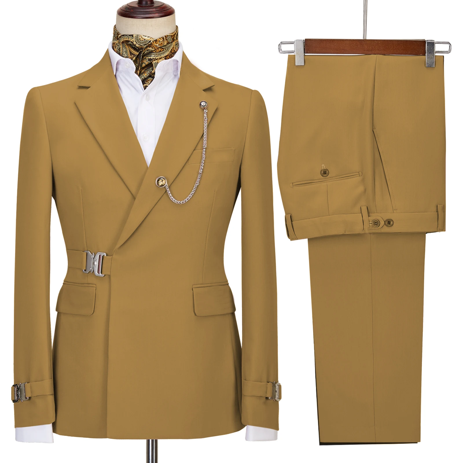 2 Pieces Men\'s Suits With Belt Tuxedo Casual Slim Fit Can Be Customized Groomsmen For Wedding(Blazer+Pants)