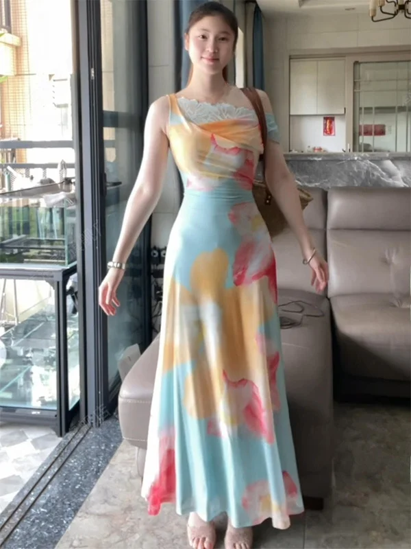 

Stunning Floral Lace Off-Shoulder Dress Women's Summer New Style Beautifully Waist-Cinching Belted Long Skirt French Style