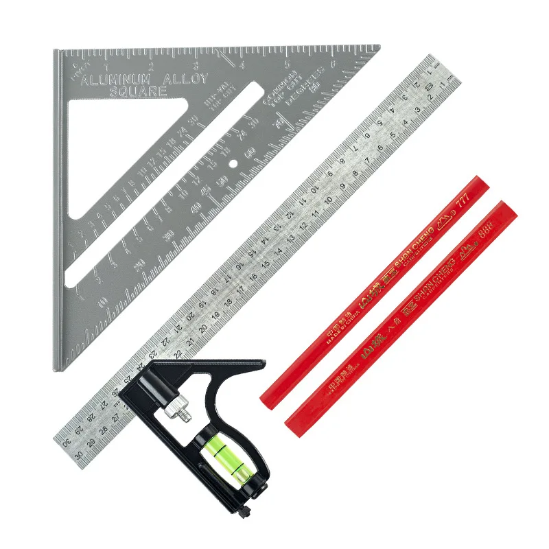2Pcs/Set 18-25.5CM 10 Inch Aluminum Alloy 1pc Triangle Angle 1pc Ruler Oblong Shape Protractor Measuring Ruler Woodworking Tool