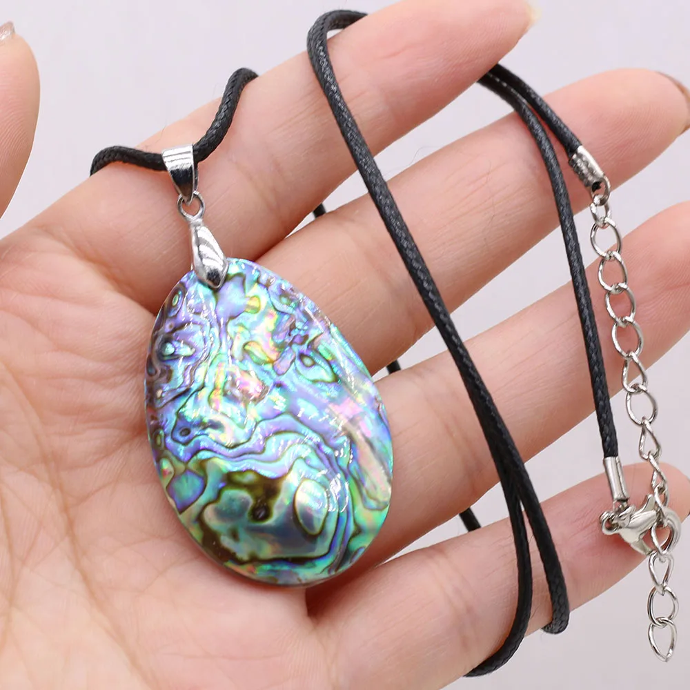 One-sided Natural Abalone Shell Drop Shape 28x40mm Pendant 50cm Men Leather String Shell Necklace for Women Charm Chakra Jewelry