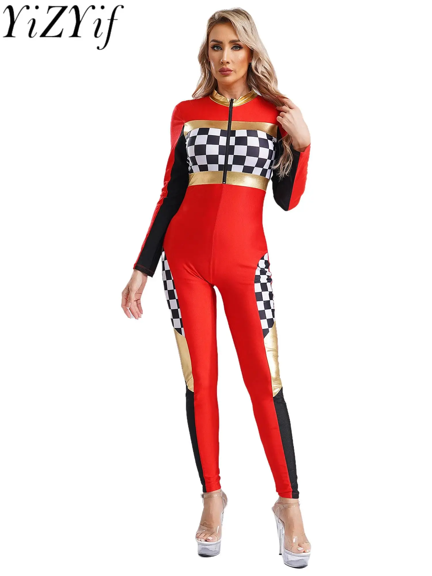 

Women Sexy Race Car Driver Costume Carnivals Party Racer Cheerleading Cosplay Clubwear Long Sleeve Checkerboard Racing Bodysuit