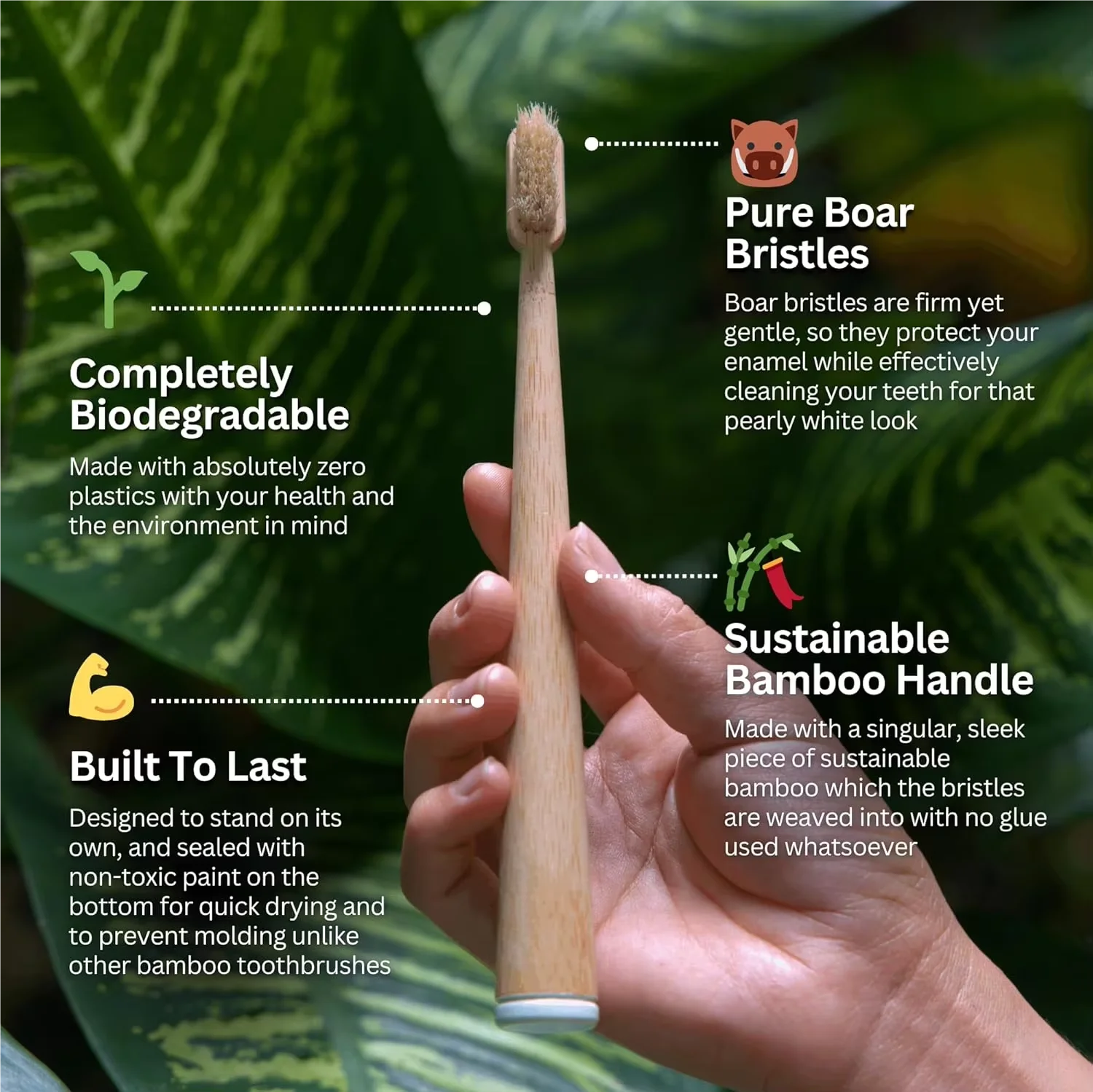 5 PCS Boar Bristles Natural Bamboo Toothbrush Biodegradable Completely-Free of Plastic and Nylon,Pig Bristles Bamboo Toothbrushs